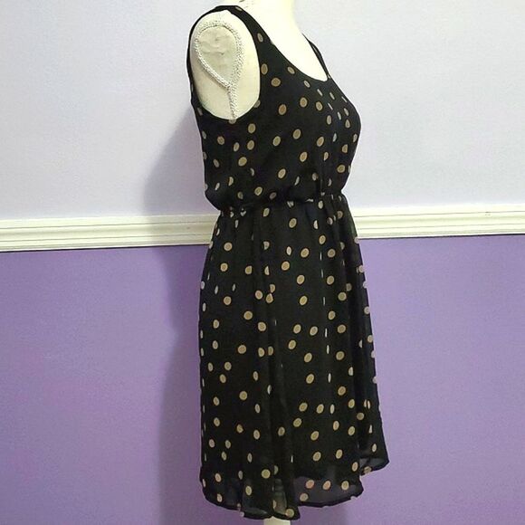 Monteau Black & Tan Polka Dots 60s Vibes Retro Flare Mini Dress - Picture 4 of 9